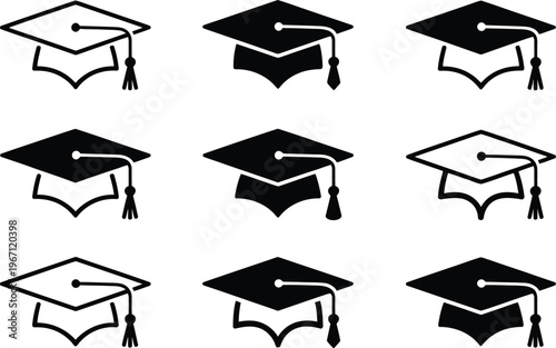 Graduation cap icon set, vector illustration of academic mortarboard cap icons in minimal style for education graduation celebration school and university graphics.