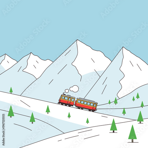 Two red trains traveling on a snowy mountain landscape.