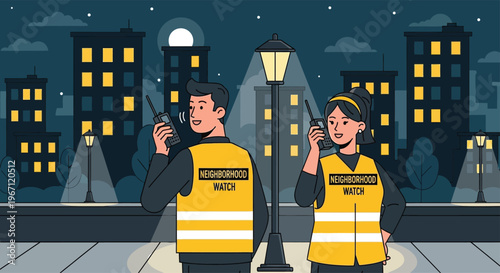 Two Security Guards on Night Patrol with Walkie-Talkies.