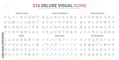 Entertainment, video game electronic gadgets and esport, hobby, digital technology and services for smart home line icon set. Creative tools thin black and red outline symbols vector illustration