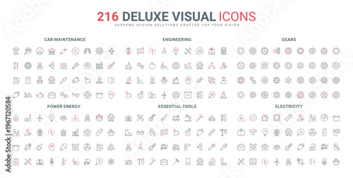 Power energy, electricity production and distribution, workers equipment and tools line icons set. Hydro and nuclear stations, car maintenance service thin black and red symbols vector illustration