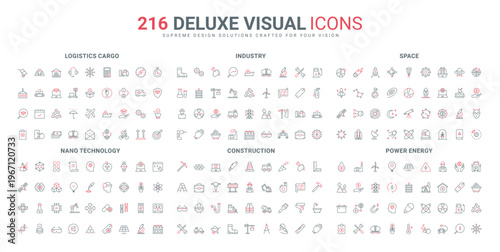 Logistics and cargo, power energy station and industry line icons set. Nanotechnology, space and molecule research, construction crane and robot thin black and red outline symbols vector illustration