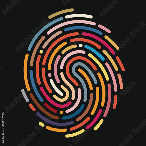 Colorful fingerprint icon in modern line style. Vector illustration of biometric identity symbol made of vibrant curved lines. Digital security and identification concept, flat design. On black.
