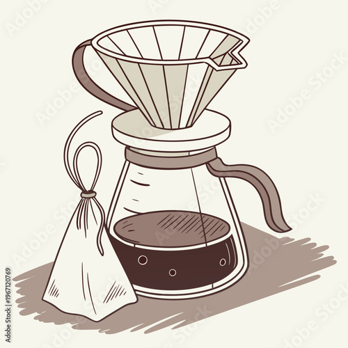 Pour Over Coffee Setup Glass Dripper and Carafe Vector Illustration