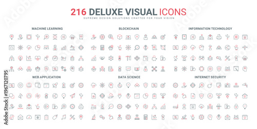 Machine learning, data science and blockchain line icons set. AI technology, key and lock of hacker, files and documents in folder, crypto market thin black and red symbols vector illustration