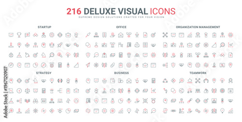 Collaboration, teamwork for success and business agreements, startup line icons set. Search for strategy and ideas, time management, office communication thin black and red symbols vector illustration