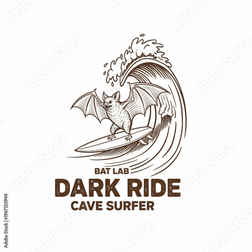 Bat riding surfboard on wave.