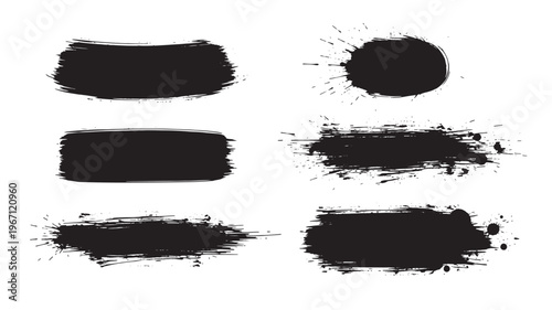Splatter and brush stroke elements in black ink with rough textured edges on a white background featuring grunge, texture, abstract with graphic and