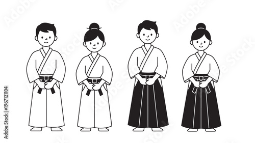 Martial artists in traditional uniform with hakama pants, depicted as a simple line art illustration for easy understanding and use.