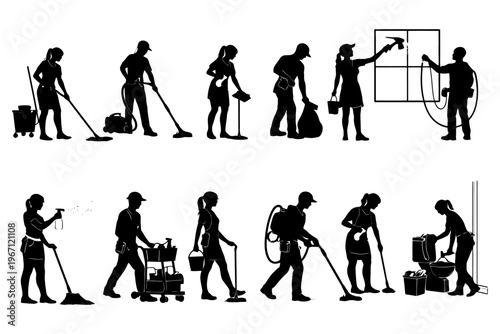 Silhouette of diverse cleaning professionals engaged in various tasks.