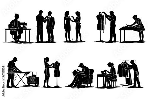 Silhouettes of fashion designers sewing and tailoring garments in studio setting.