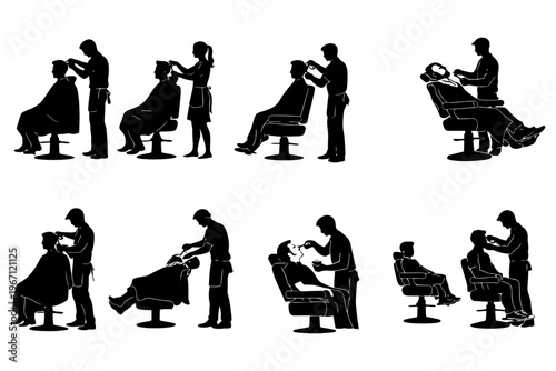 Silhouette collection of barber and client interactions in various haircutting scenarios.
