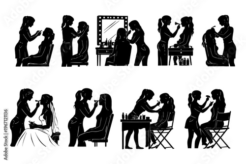 Silhouette of female makeup artists working on various clients.