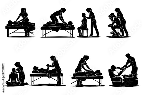 Silhouette illustrations of massage therapy techniques on tables and chairs.