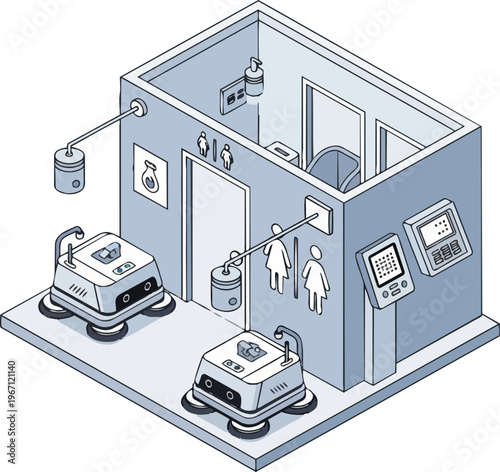Isometric Illustration of an Automated Public Restroom Cleaning System featuring Autonomous Service Robots and Smart Sanitation Technology for Modern Facility Management