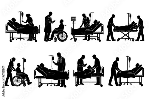 Medical professionals caring for patients in various healthcare settings.