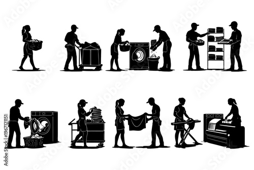 Workers in laundry performing various tasks silhouette illustration.
