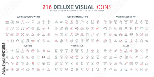 Prize and trophy of business and sport success, motivation and ambitions for achievement in career line icon set. Company cooperation and sales thin black and red outline symbols vector illustration