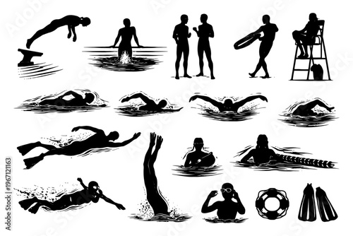 Silhouette of swimmers and lifeguard engaging in aquatic activities.
