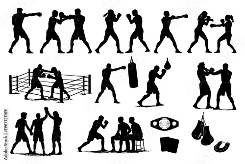 Silhouette boxers training and sparring in various poses and actions.