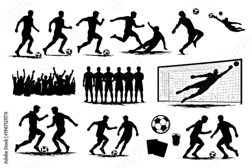 Dynamic silhouettes of soccer action and crowd excitement.