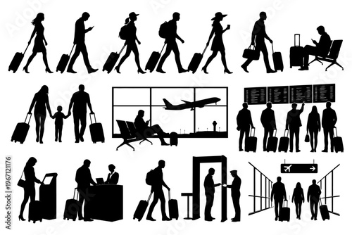 Silhouette airport travelers with luggage engaging in various activities.