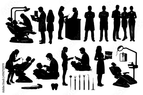 Silhouette of dental professionals and equipment in various clinical scenes.