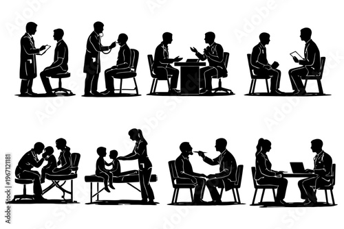 Healthcare professionals engaging in various patient care scenarios silhouette.