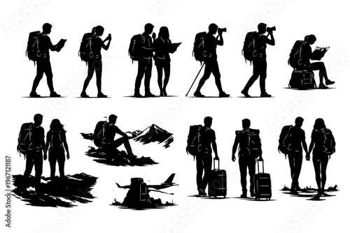 Silhouette explorers with backpacks and luggage in outdoor adventure scenarios.