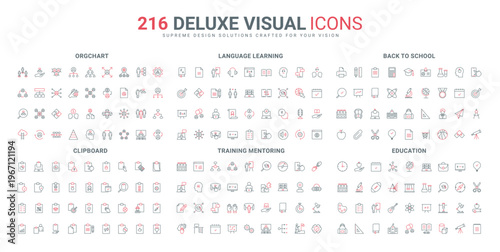 Education and sport lessons at school, language learning, clipboard list, data highlight line icon set. Career and rotation of employees in team, thin black and red outline symbols vector illustration