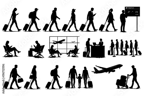 Silhouettes of travelers at an airport with airplanes and boarding scenes.