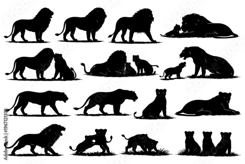 Silhouette collection of lions and lionesses in various poses and interactions.