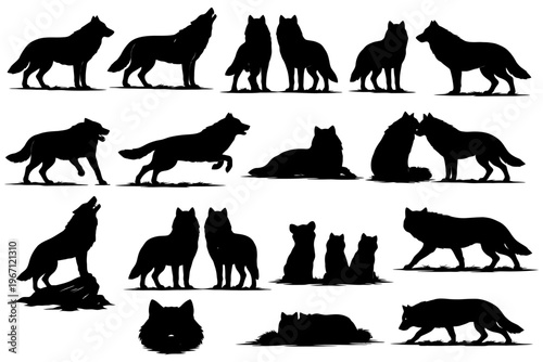 Silhouette collection of wolves in various poses and groupings.