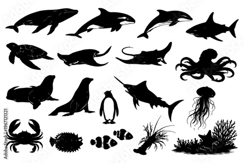 Silhouettes of diverse marine life including whale, shark, and octopus.