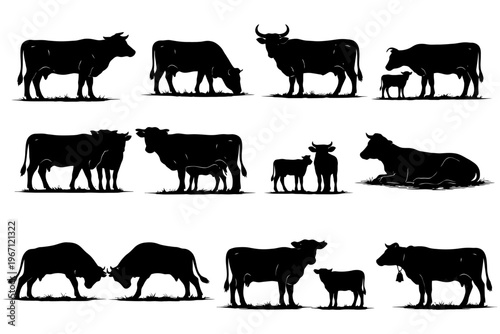 Silhouettes of cows and calves in various poses.