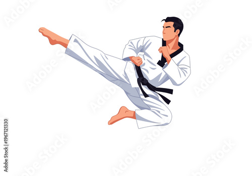 Male martial artist in white uniform executing a midair side kick against a white background