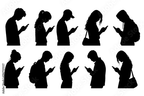 Silhouettes of diverse male female teens using smartphones.