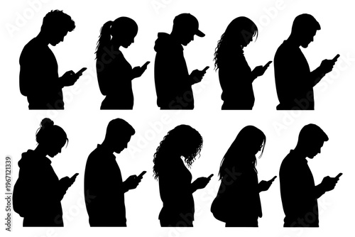 Silhouettes of diverse young adults using smartphones.