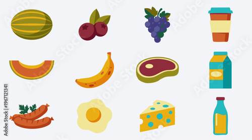 Flat illustration set of various food and drink items on white background