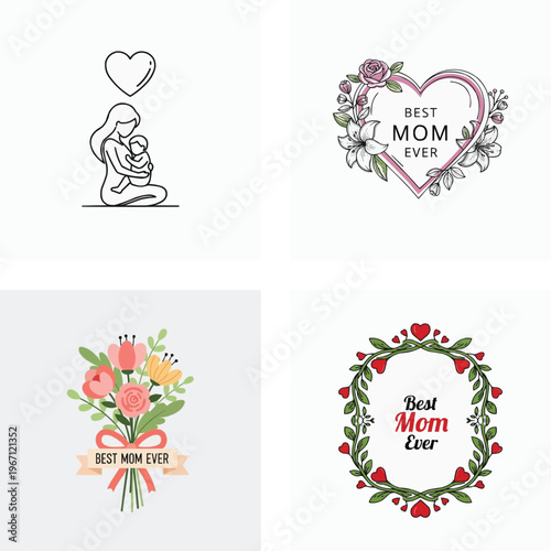 Mothers Day greeting cards and badges with flowers and hearts