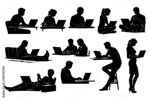 Silhouette of people working on laptops in various poses.