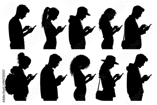 Silhouettes of diverse adults engaged with smartphones in various poses.