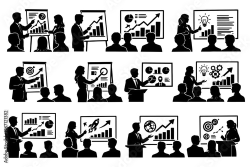 Business presentations with male and female speakers analyzing growth charts and data.