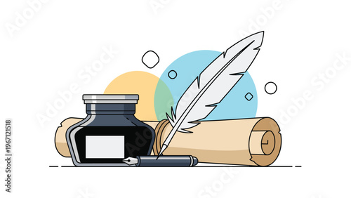 Classic writing set with an inkwell, quill pen, and a rolled parchment scroll against a stylized circular background for history themes.