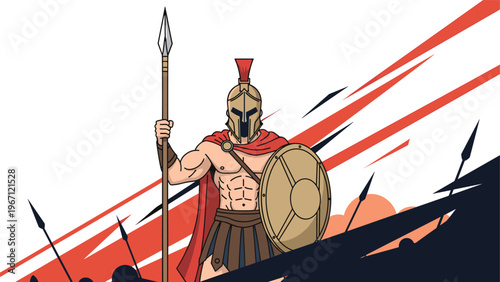 Powerful Spartan warrior in golden armor with a red cape holding a long spear and round shield for ancient history and battle concepts.