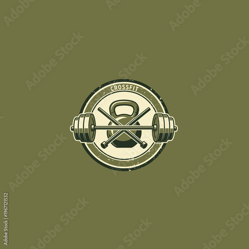 CrossFit Gym Logo with Kettlebell and Barbell for Fitness Enthusiasts.