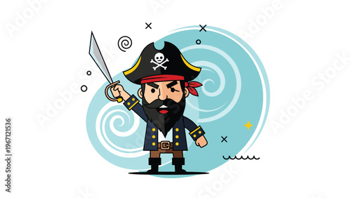 Pirate captain with a black beard holding a sword against a background of turquoise ocean swirls and stars for sea adventure concepts.