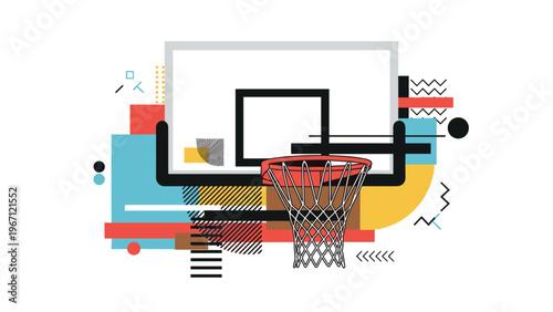 Basketball hoop and backboard set against a colorful abstract background of geometric shapes and lines representing modern sports design.