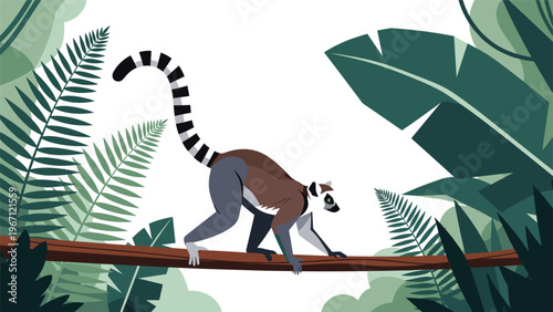 Ring-tailed lemur is walking along a tree branch surrounded by lush green tropical jungle leaves and dense foliage in the rainforest.