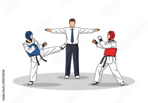 Taekwondo match referee stops action between two armored competitors